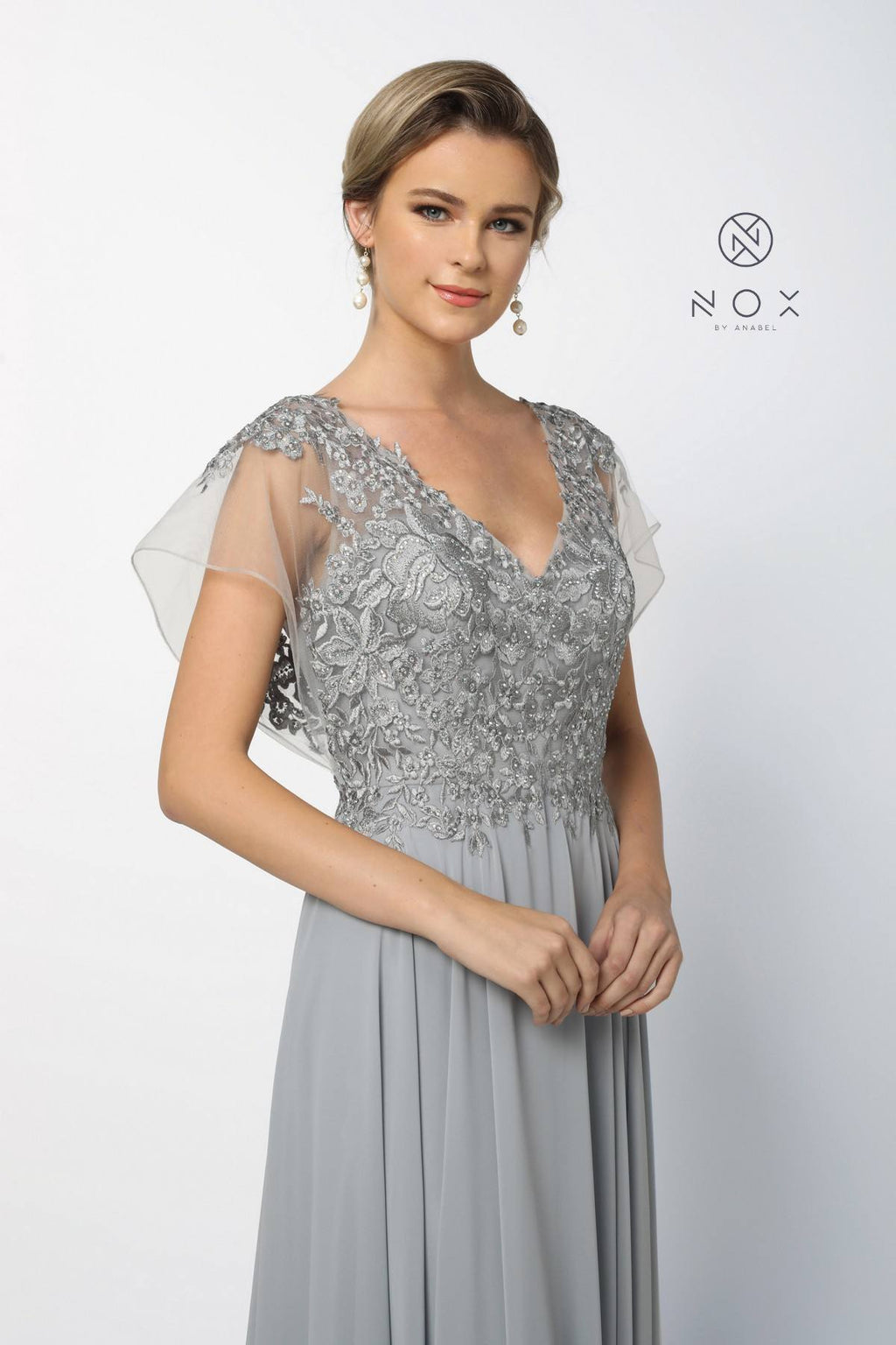 CLEARANCE - Nox Anabel Y526 Long V-Neck Silver Long Dress (Size 2XL) by DiscountDressShop