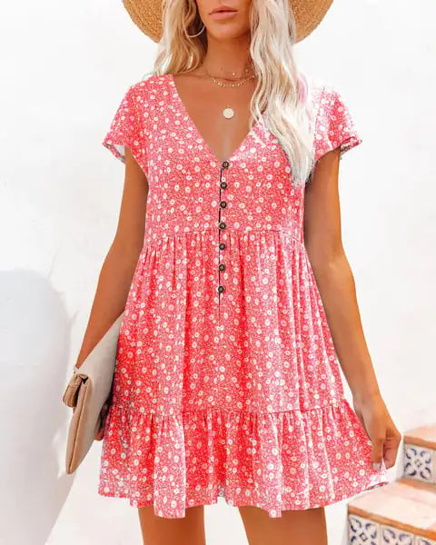 V-Neck Button Floral Short Sleeve Casual Dress by Trendy Attic Store01