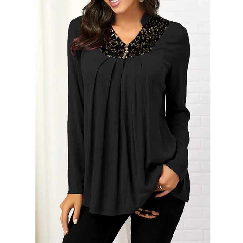 Printed V-neck Long Sleeve Lace Top. by Trendy Attic Store01