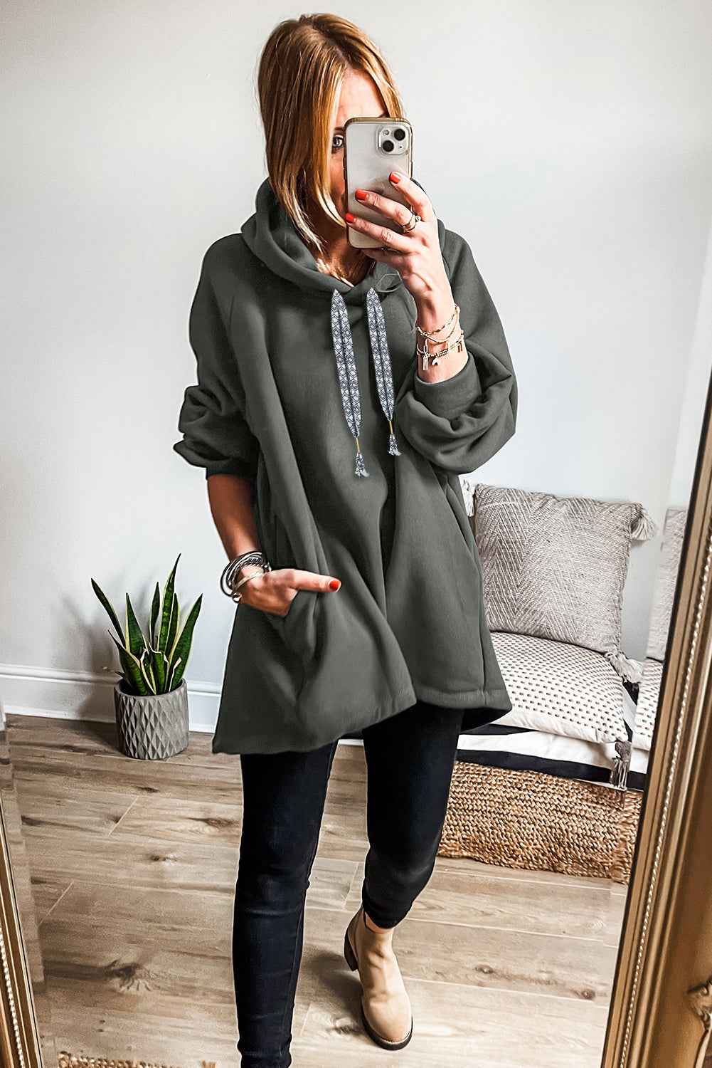 Raglan Sleeve Drawstring Hooded Tunic Sweatshirt by Wild and Free Boutique