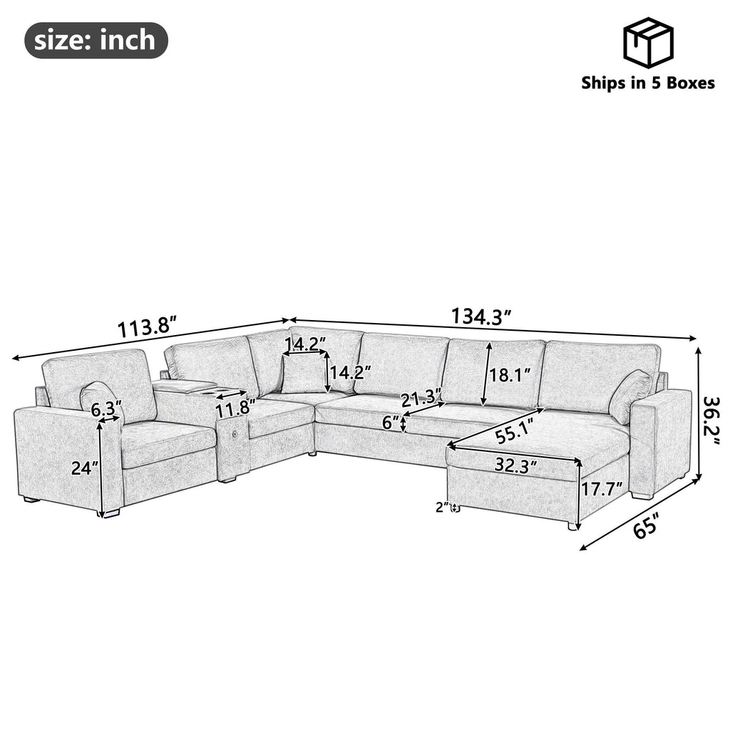 Modular 5 Seat U-Shape Sectional Sofa With Chaise Lounge, Built In Cup Holders And Storage Drawer by Unique Piece Furniture