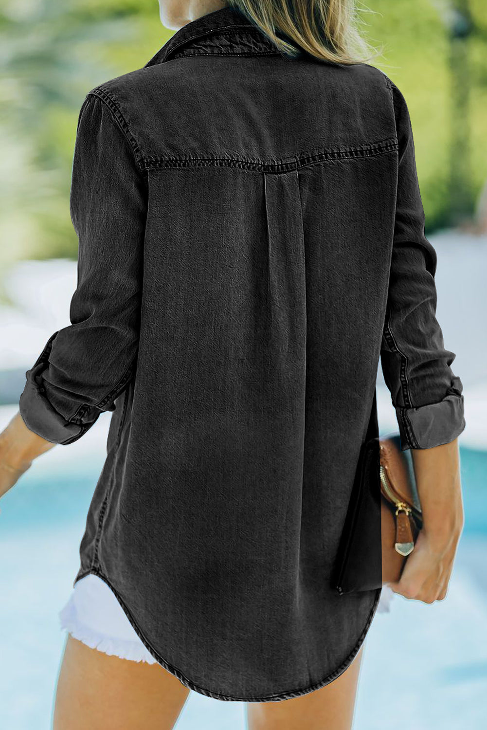 Pocketed Collared Neck Long Sleeve Denim Top by Wild and Free Boutique