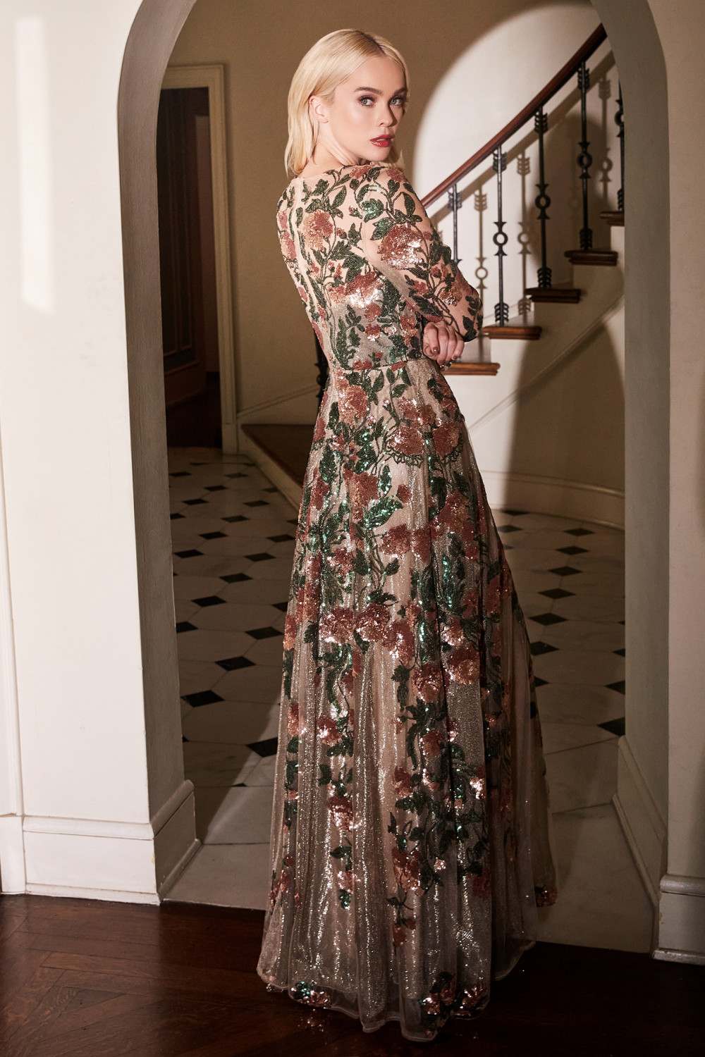Andrea & Leo A0926 Long Sleeved Evening Gown with Floral Appliques by DiscountDressShop
