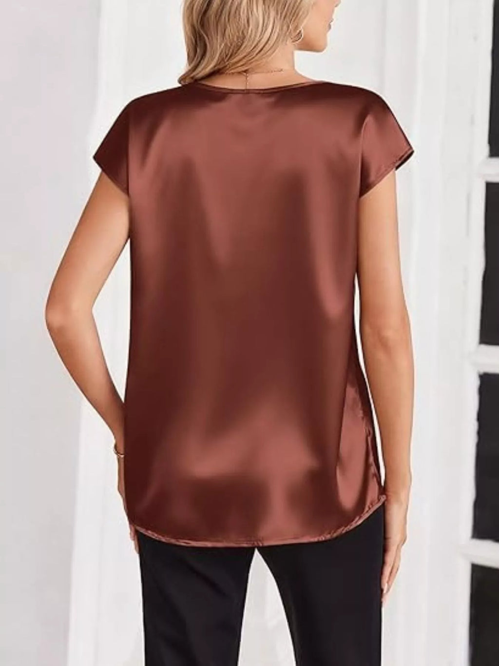 Satin V-Neck Short Sleeve Blouse by Wild and Free Boutique