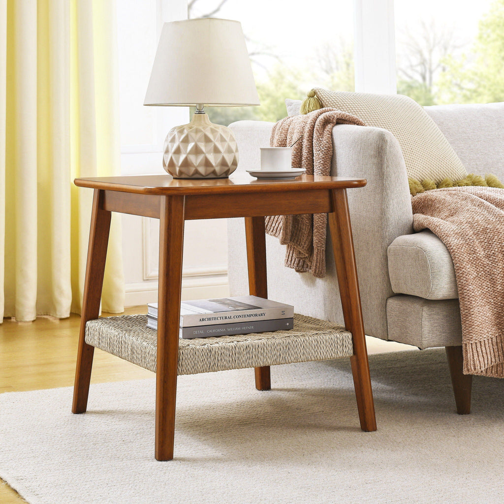 Mid - Century Square Side Table With Woven Shelf - Walnut by Unique Piece Furniture