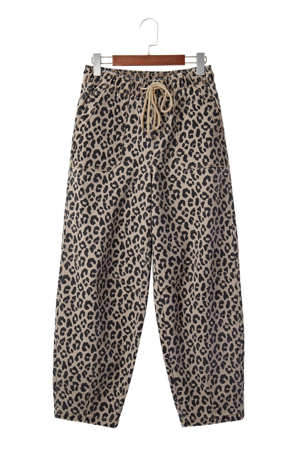Khaki Leopard Print Drawstring Elastic Waist Loose Denim Pants with Pockets by Wild and Free Boutique