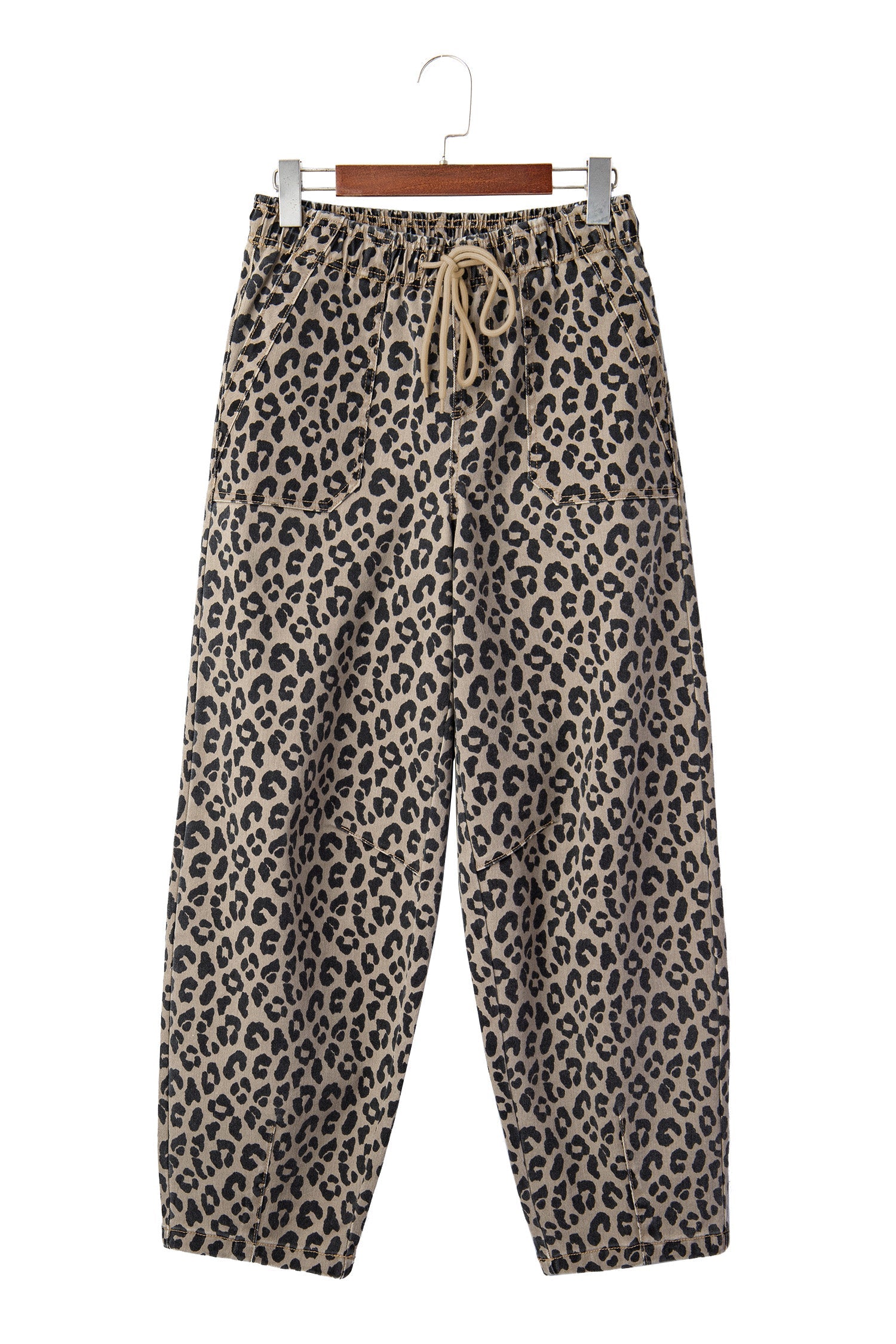 Khaki Leopard Print Drawstring Elastic Waist Loose Denim Pants with Pockets by Wild and Free Boutique