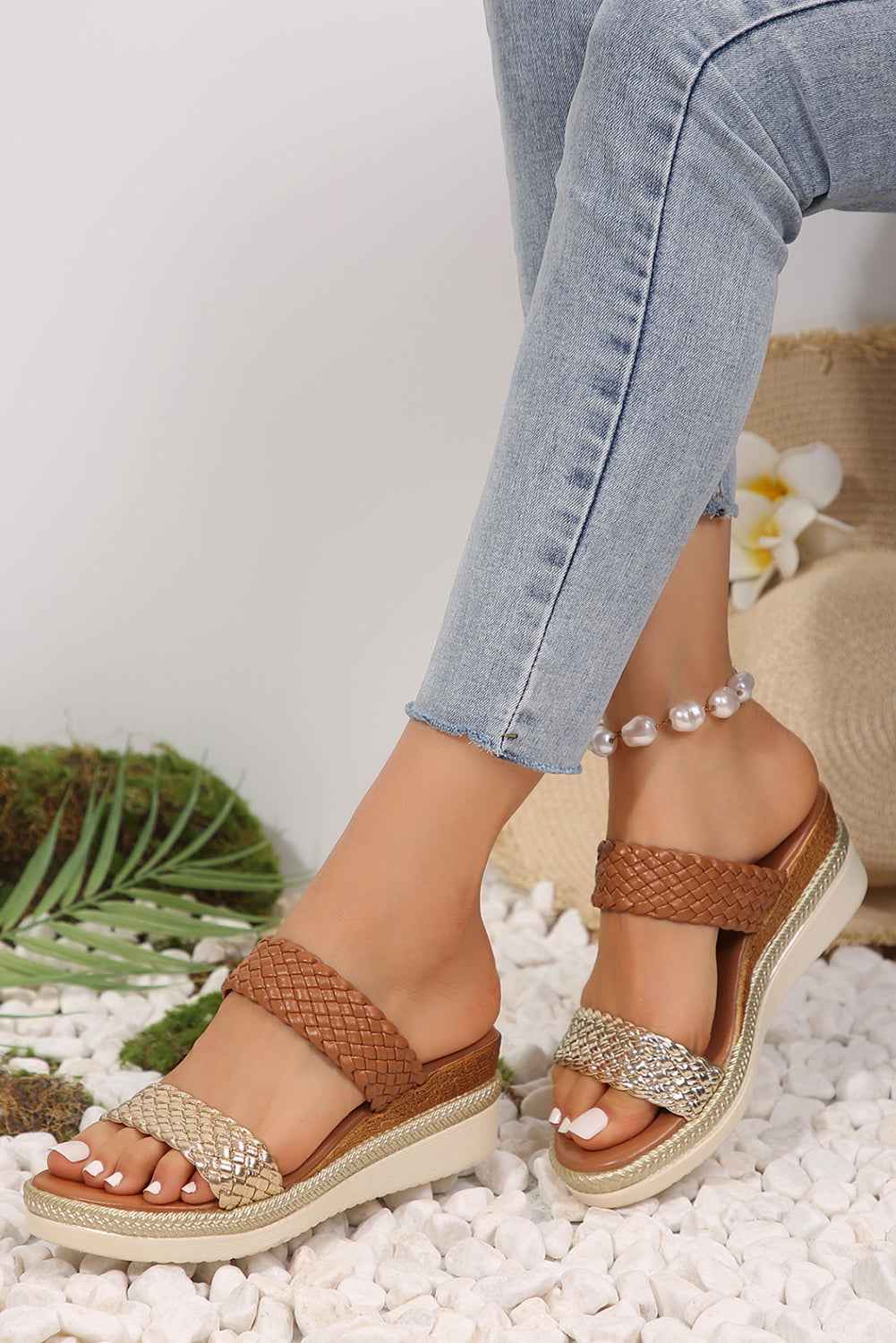 Gold Woven Two Band Color Block Wedge Slippers by Wild and Free Boutique