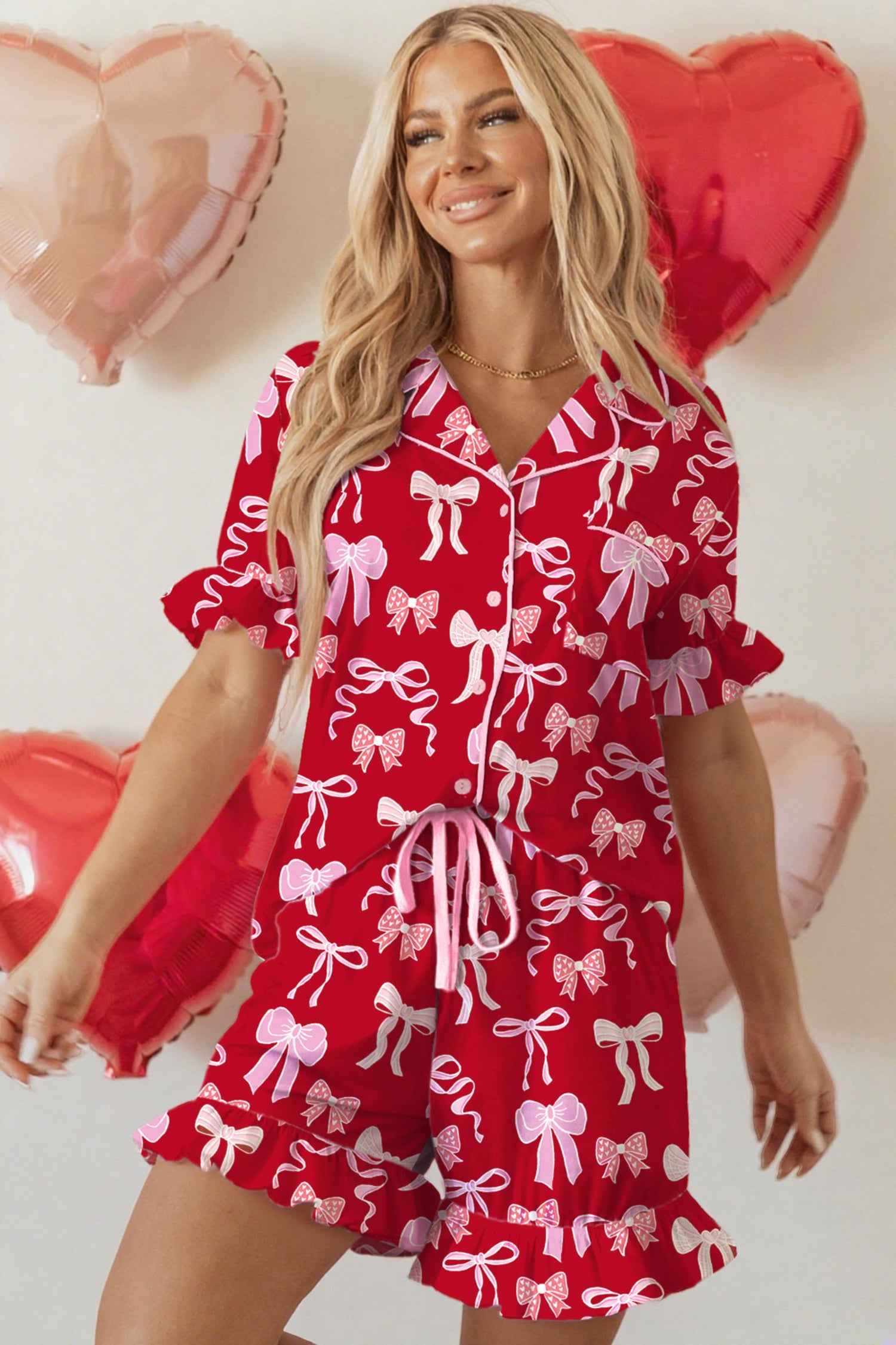 Red Sweet Bow Print Ruffled Short Sleeve Shirt Shorts 2pcs Pajama Set by Wild and Free Boutique