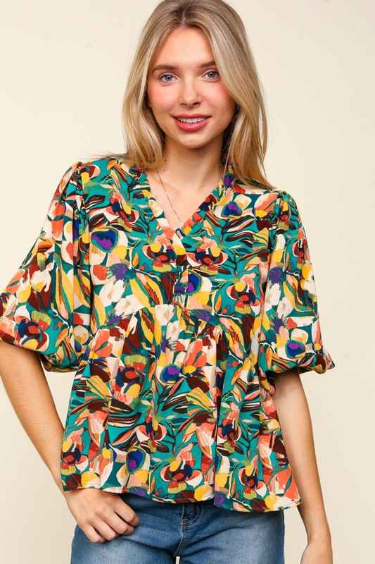 Haptics Full Size Frill Floral Puff Sleeve Peplum Blouse by Wild and Free Boutique