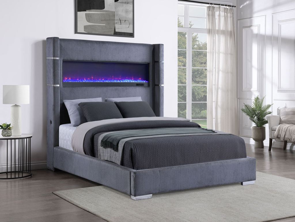 Tisdall Upholstered Queen Flame Visualizer Bed Grey by Unique Piece Furniture