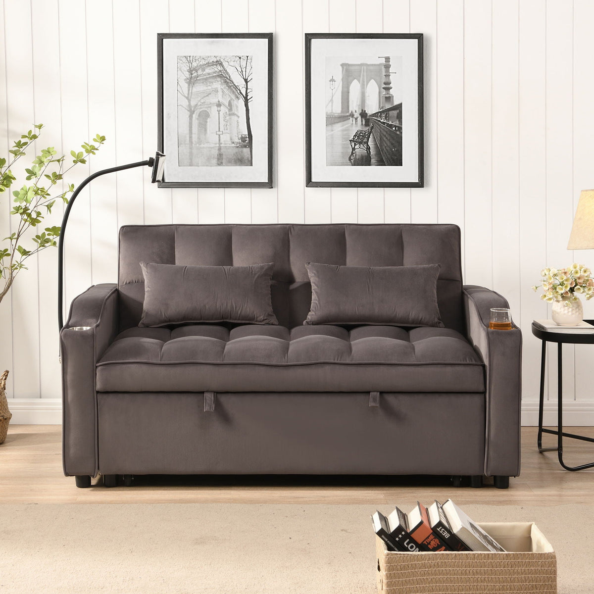 Modern Loveseat Futon Sofa With Pullout Bed, Adjustable Reclining Backrest, Toss Pillows by Unique Piece Furniture