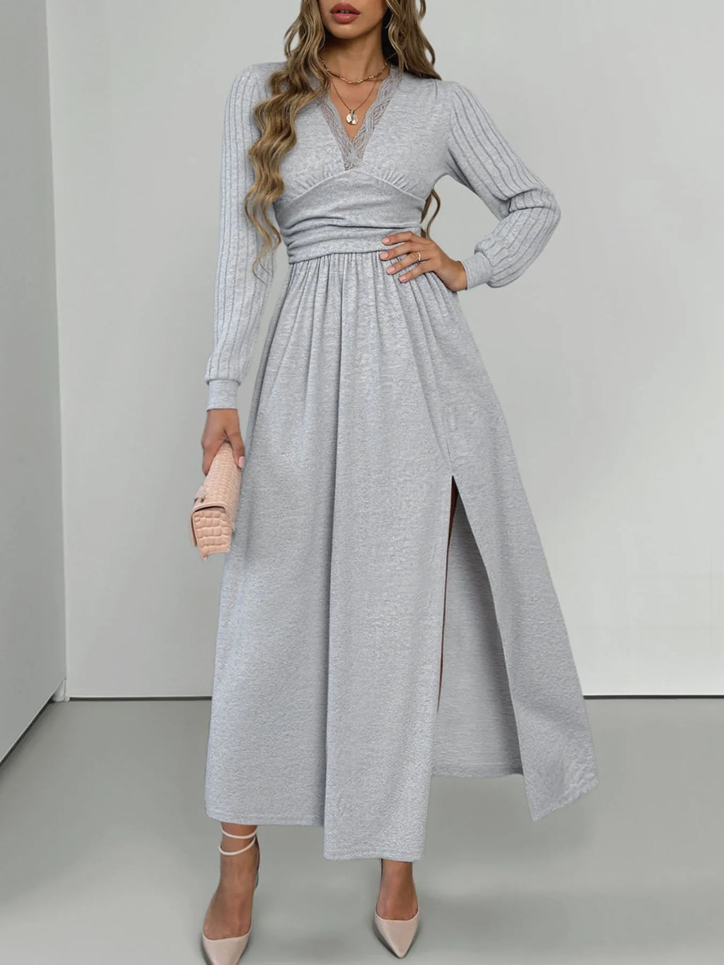 Lace Detail V-Neck Maxi Dress with Side Slit by Simply Love