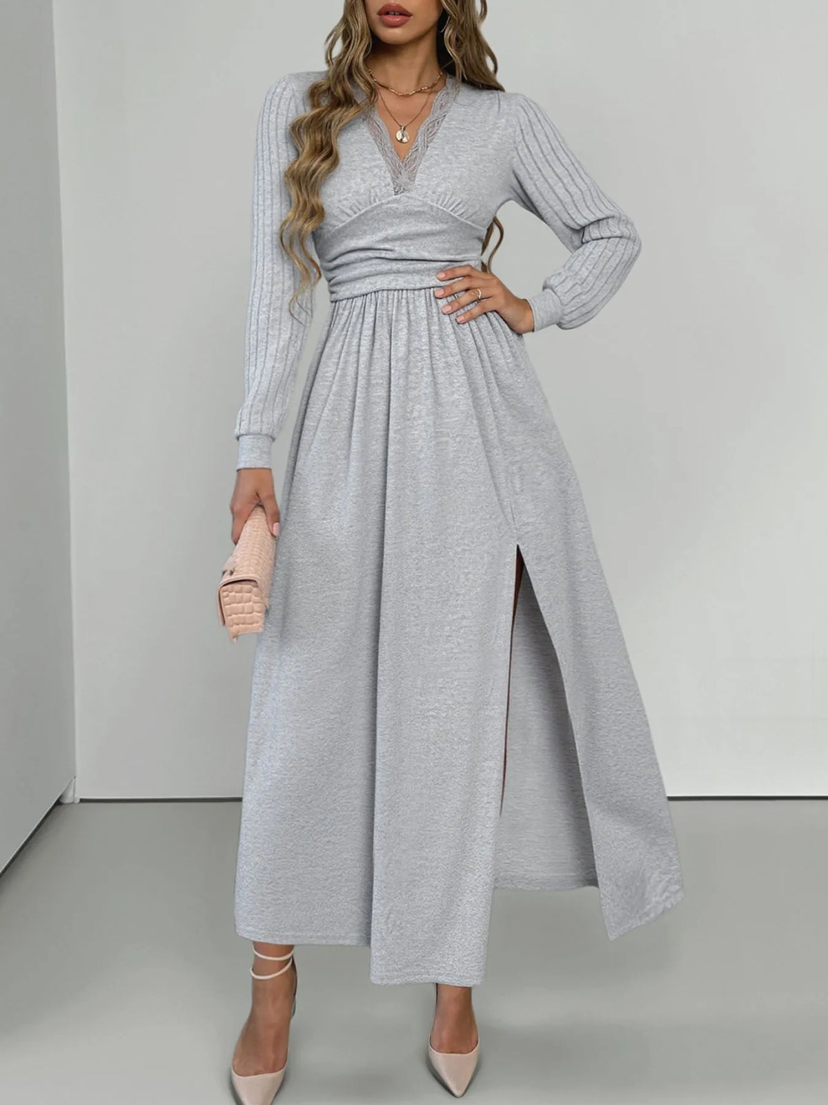 Lace Detail V-Neck Maxi Dress with Side Slit by Simply Love