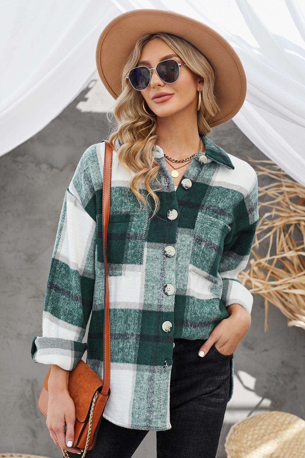 Plaid Button Up Dropped Shoulder Jacket for Women Stylish by Selvanelle