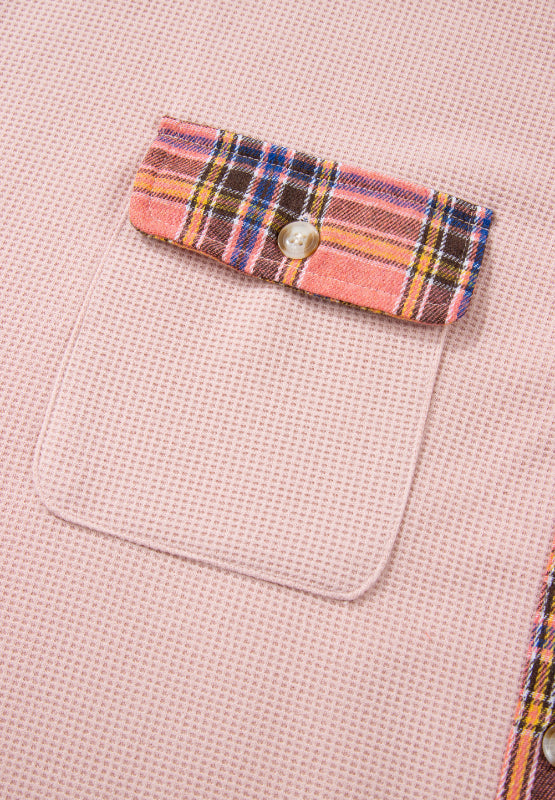 Waffle Knit Plaid Patchwork Drawstring Hooded Shacket by Wild and Free Boutique