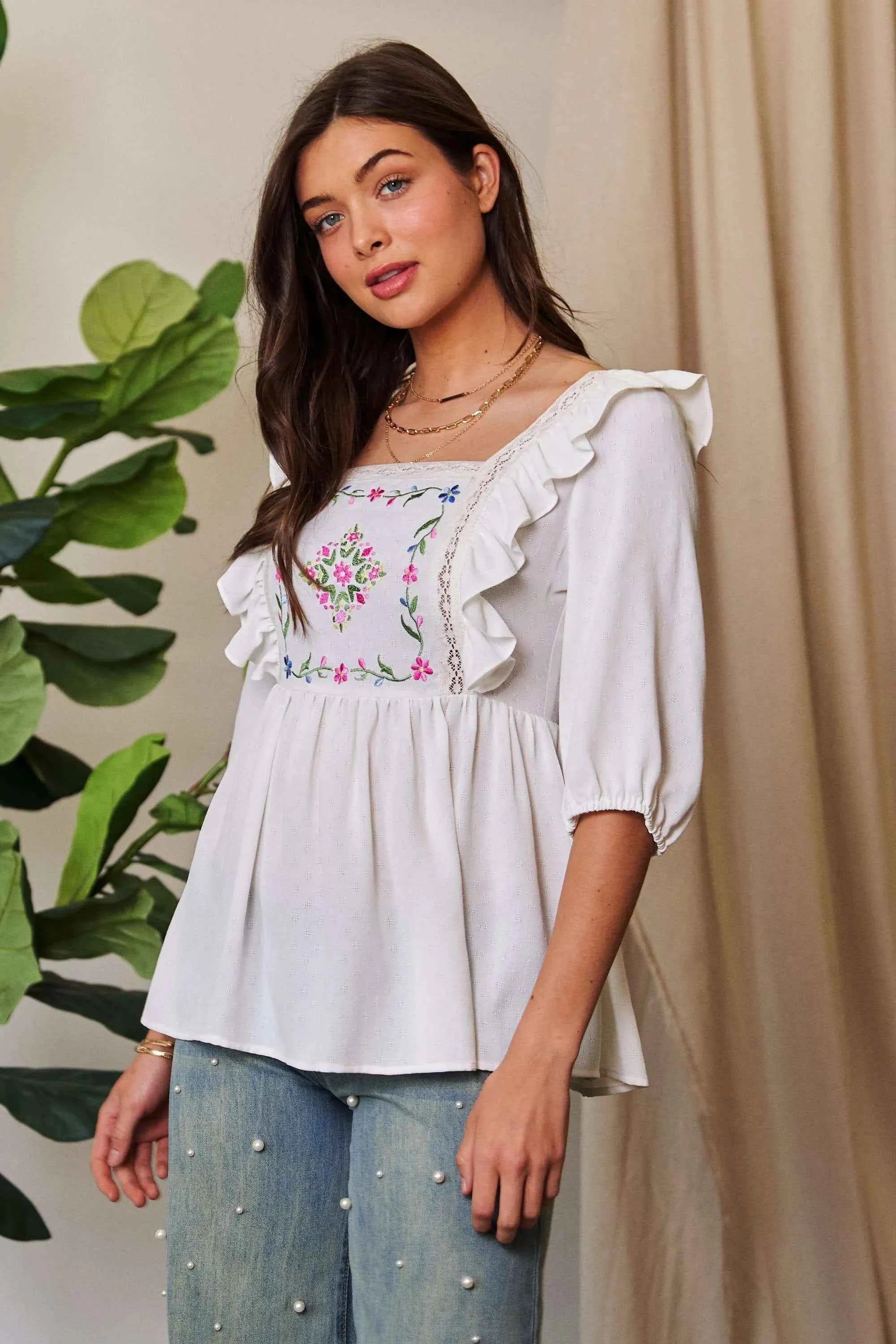 Davi & Dani Texture Tie Back Floral Embroidery Frill Blouse by Wild and Free Boutique
