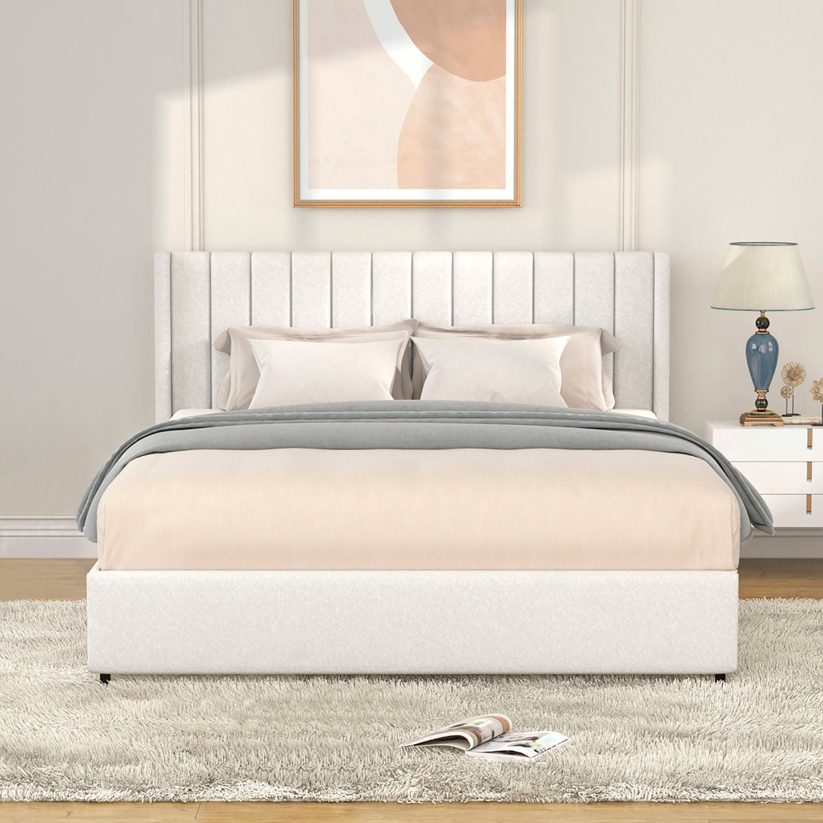 Anda - Boucle Upholstered Platform Bed With Patented Drawers Storage - Ivory by Unique Piece Furniture