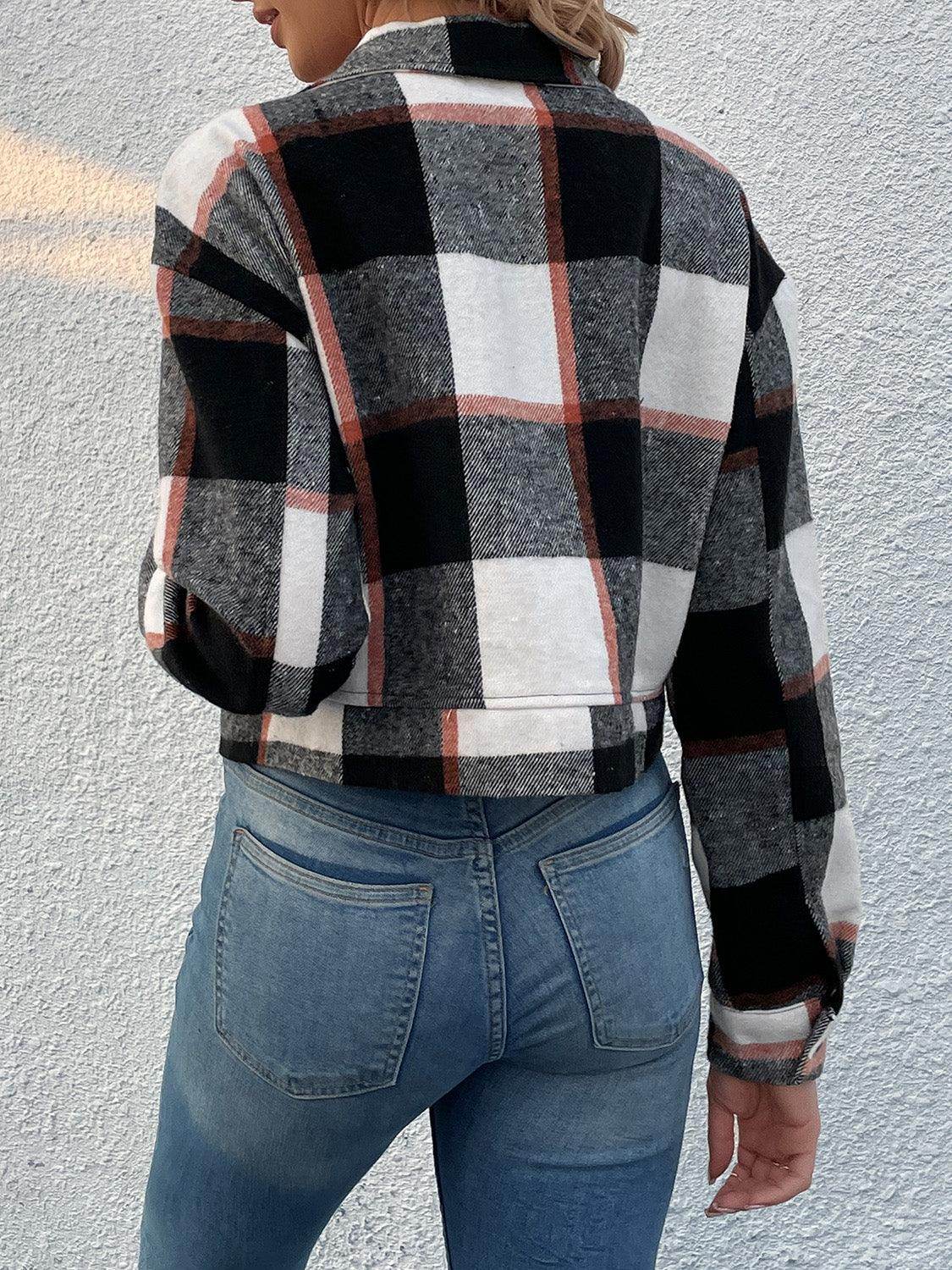 Perfee Plaid Button Up Drop Shoulder Cropped Jacket for Women by Selvanelle