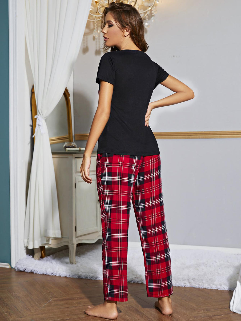Heart Graphic V-Neck Top and Plaid Pants Lounge Set by Wild and Free Boutique