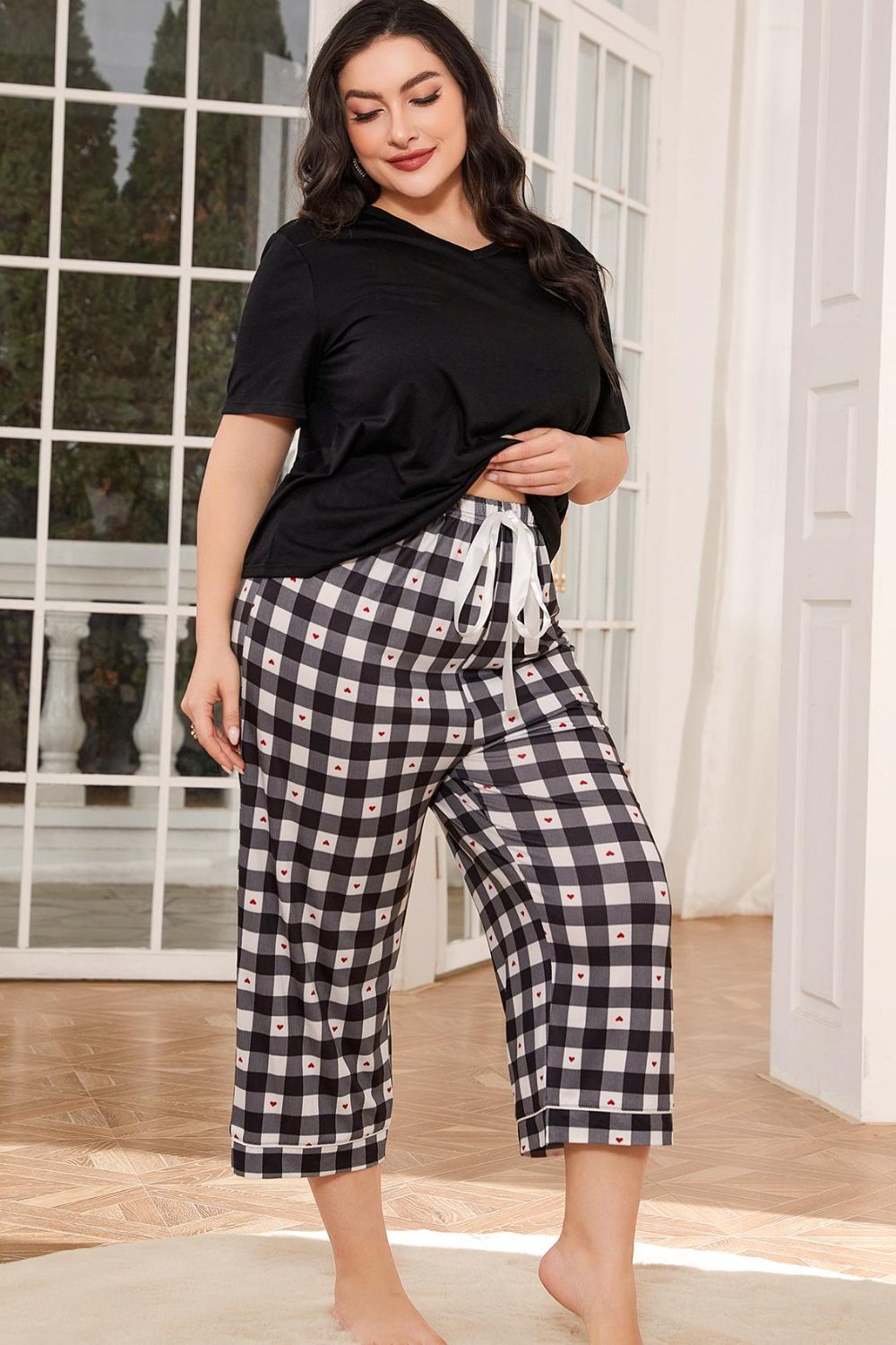 V-Neck Tee and Plaid Cropped Pants Lounge Set by Wild and Free Boutique