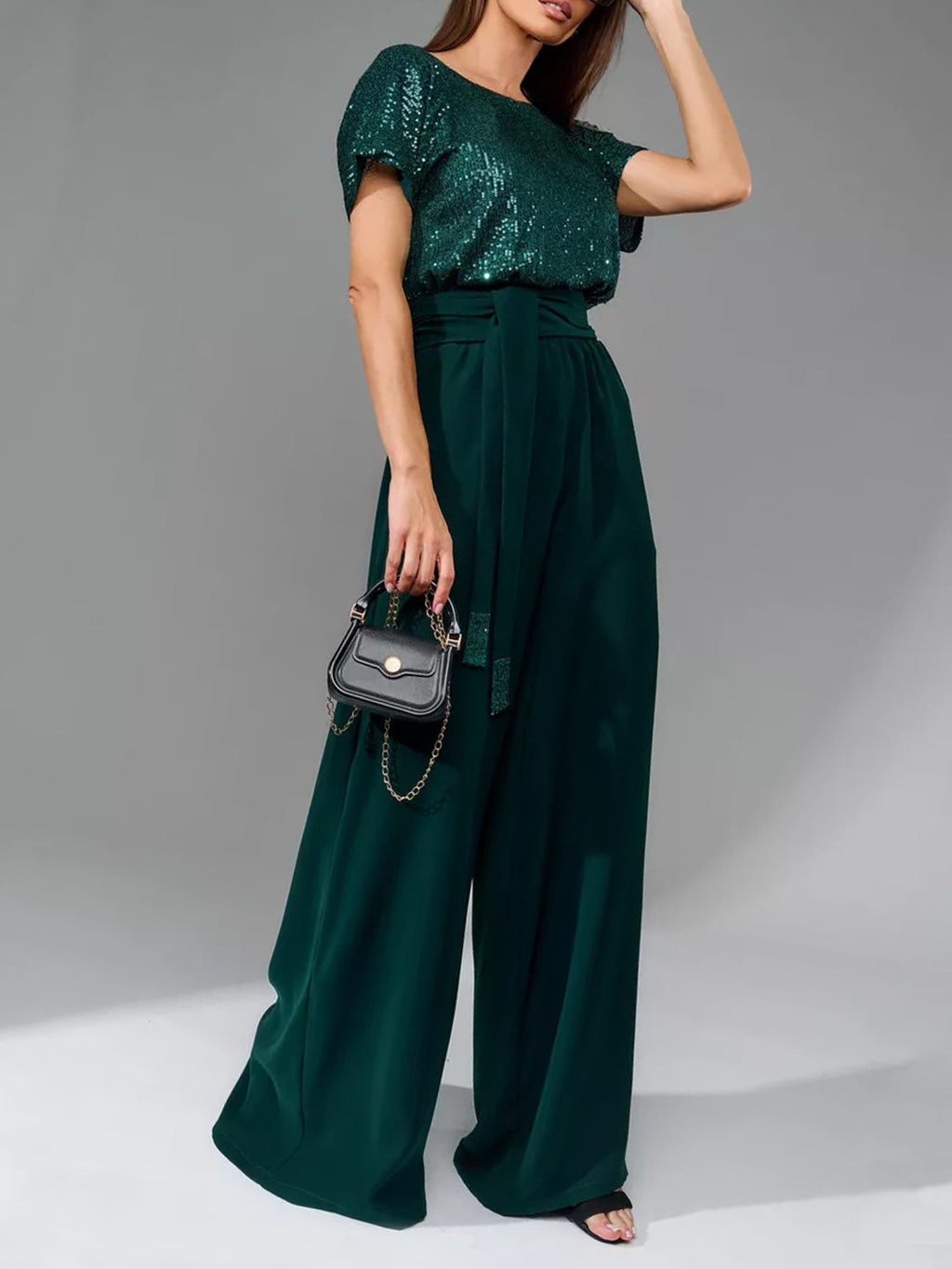 Full Size Sequin Round Neck Short Sleeve Wide Leg Jumpsuit by Wild and Free Boutique
