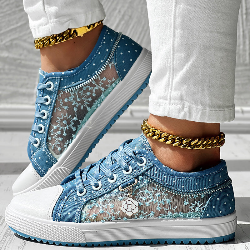 Floral Embroidered Polka Dot Print Sneakers — Women’s Casual Canvas Shoes by FitiqueFit