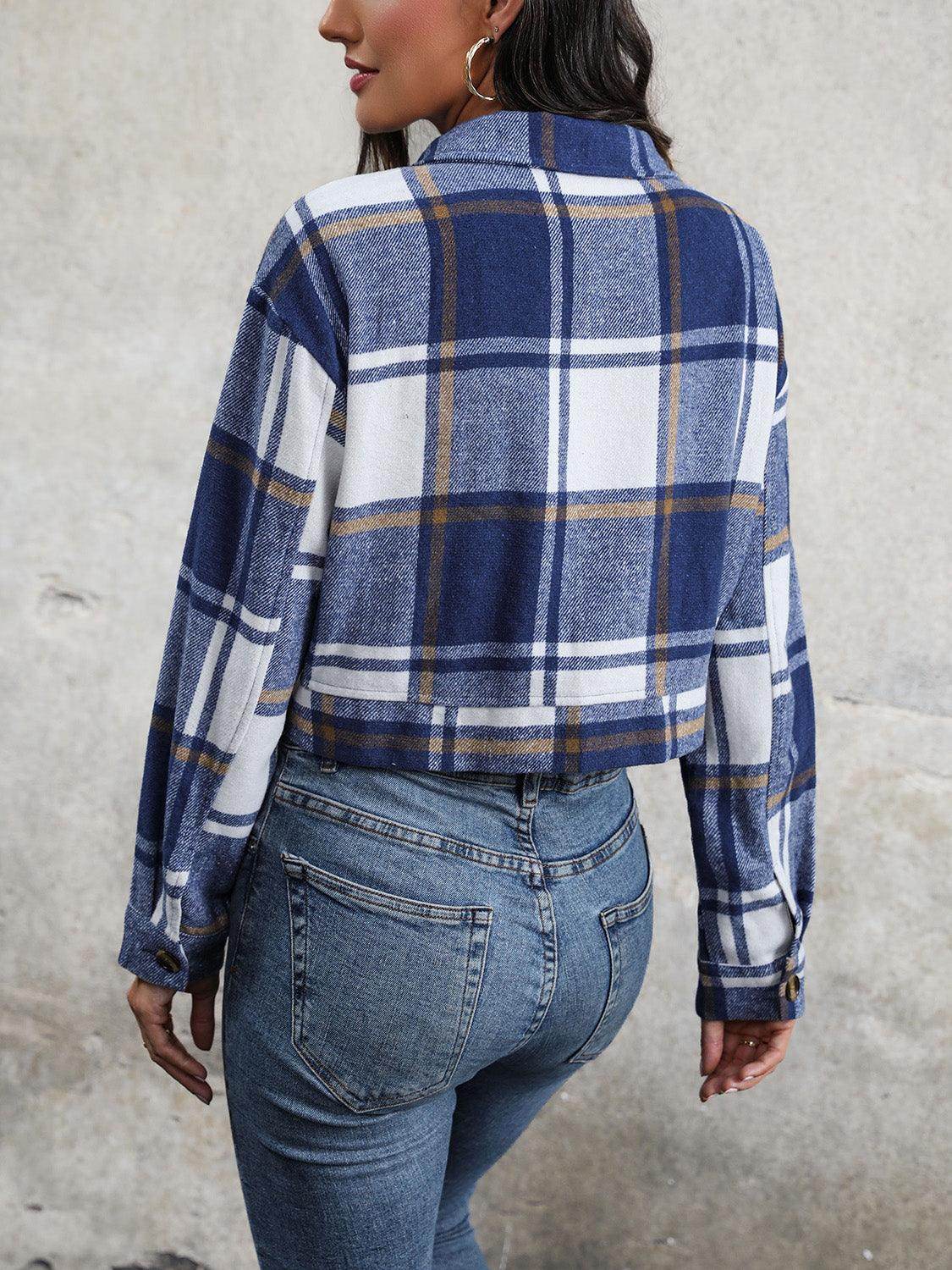 Perfee Plaid Button Up Drop Shoulder Cropped Jacket for Women by Selvanelle