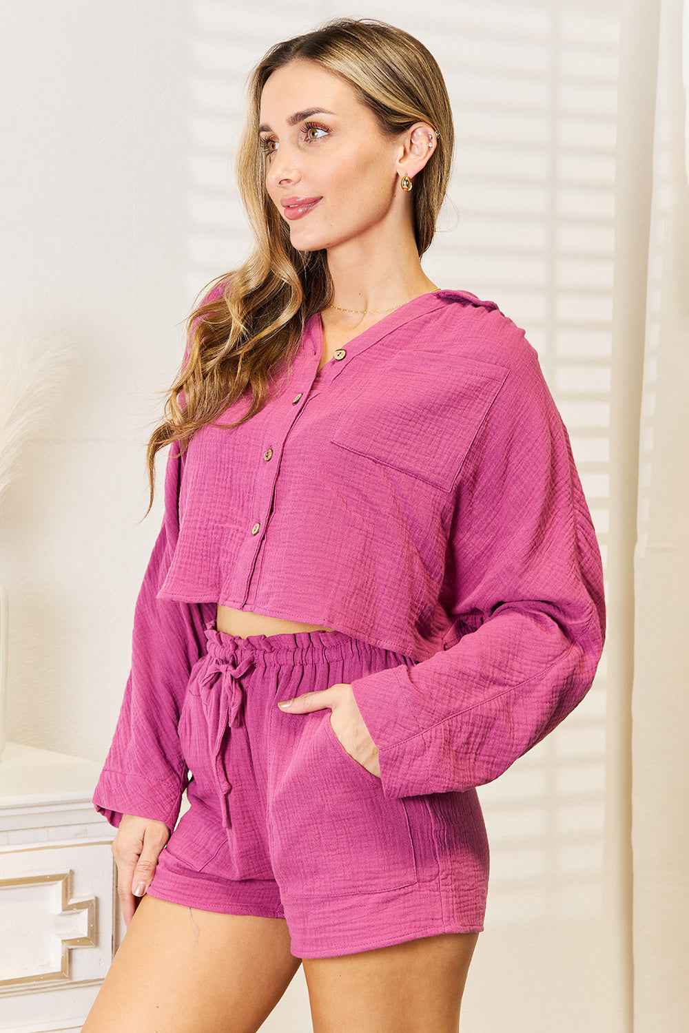Basic Bae Buttoned Long Sleeve Top and Shorts Set by Wild and Free Boutique