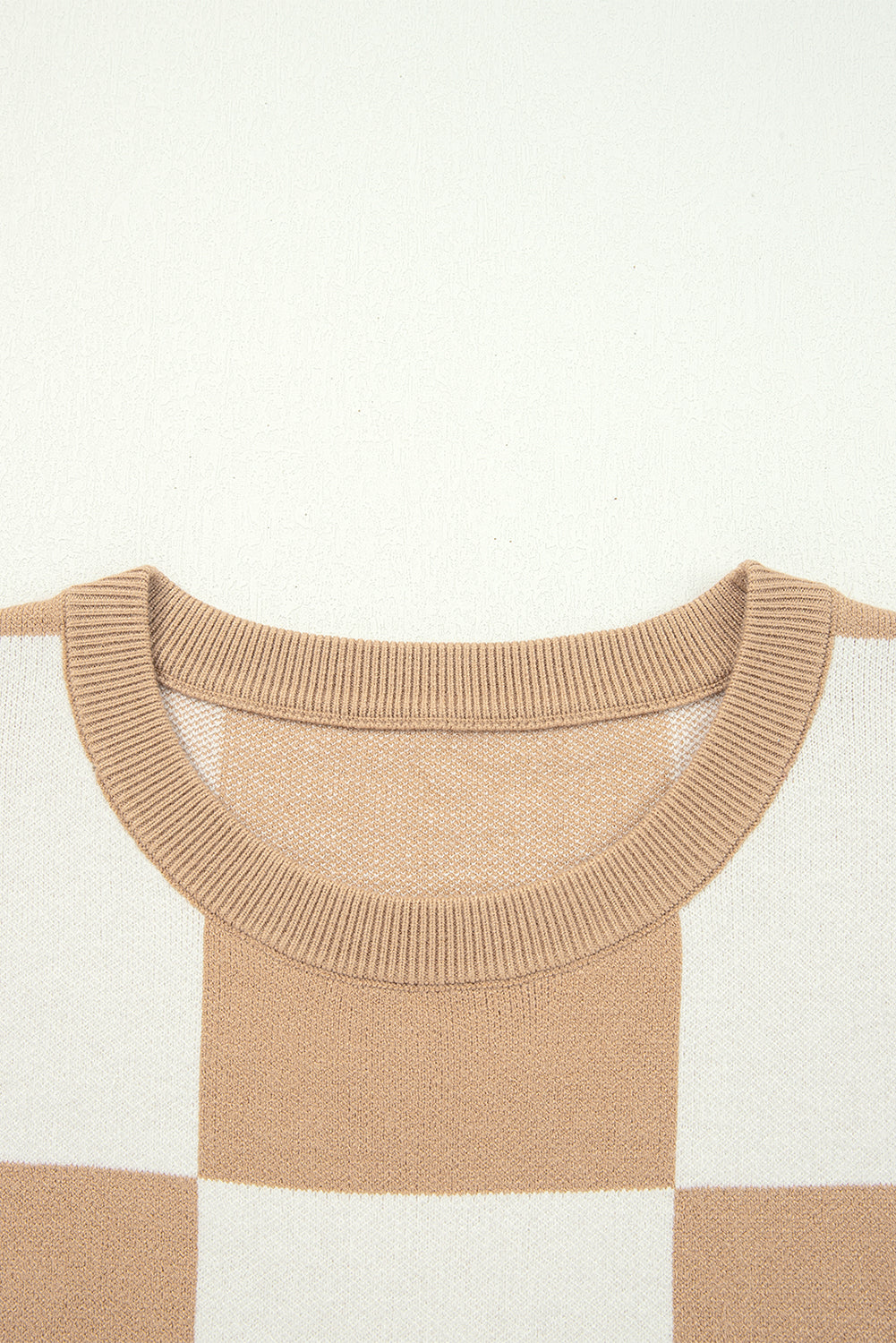 Light French Beige Checkered Pattern Loose Drop Shoulder Half Sleeve Sweater by Wild and Free Boutique