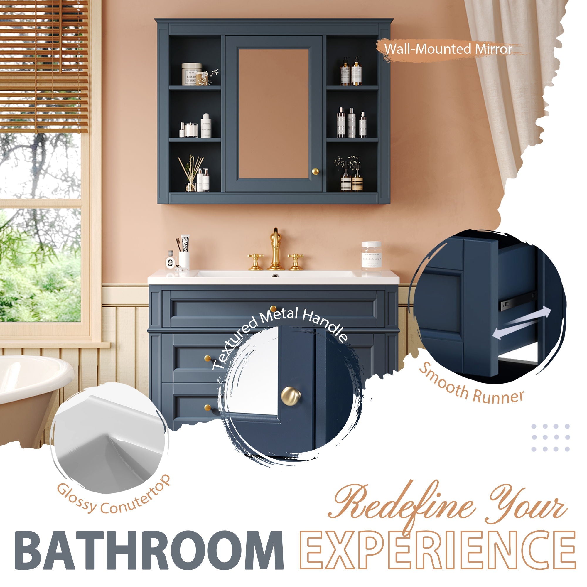 Bathroom Vanity With Mirror Cabinet, Single Sink With 2 Soft Closing Doors And 4 Drawers by Unique Piece Furniture