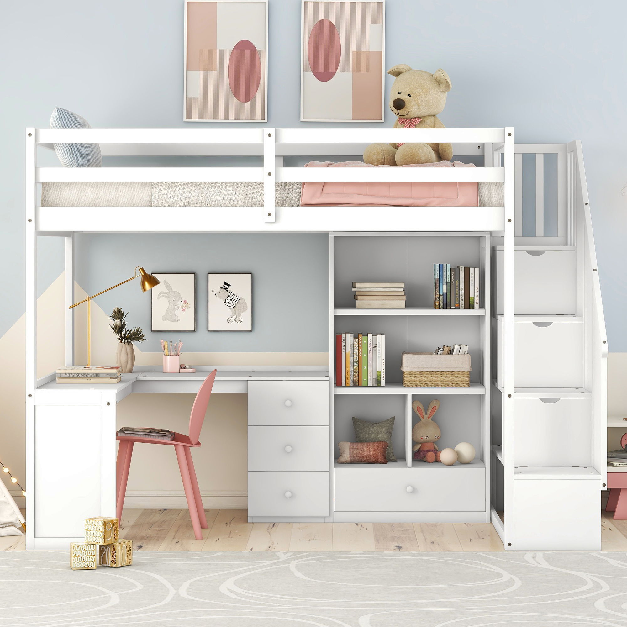 Loft Bed With L Shaped Desk, Drawers, Cabinet, And Storage Staircase by Unique Piece Furniture