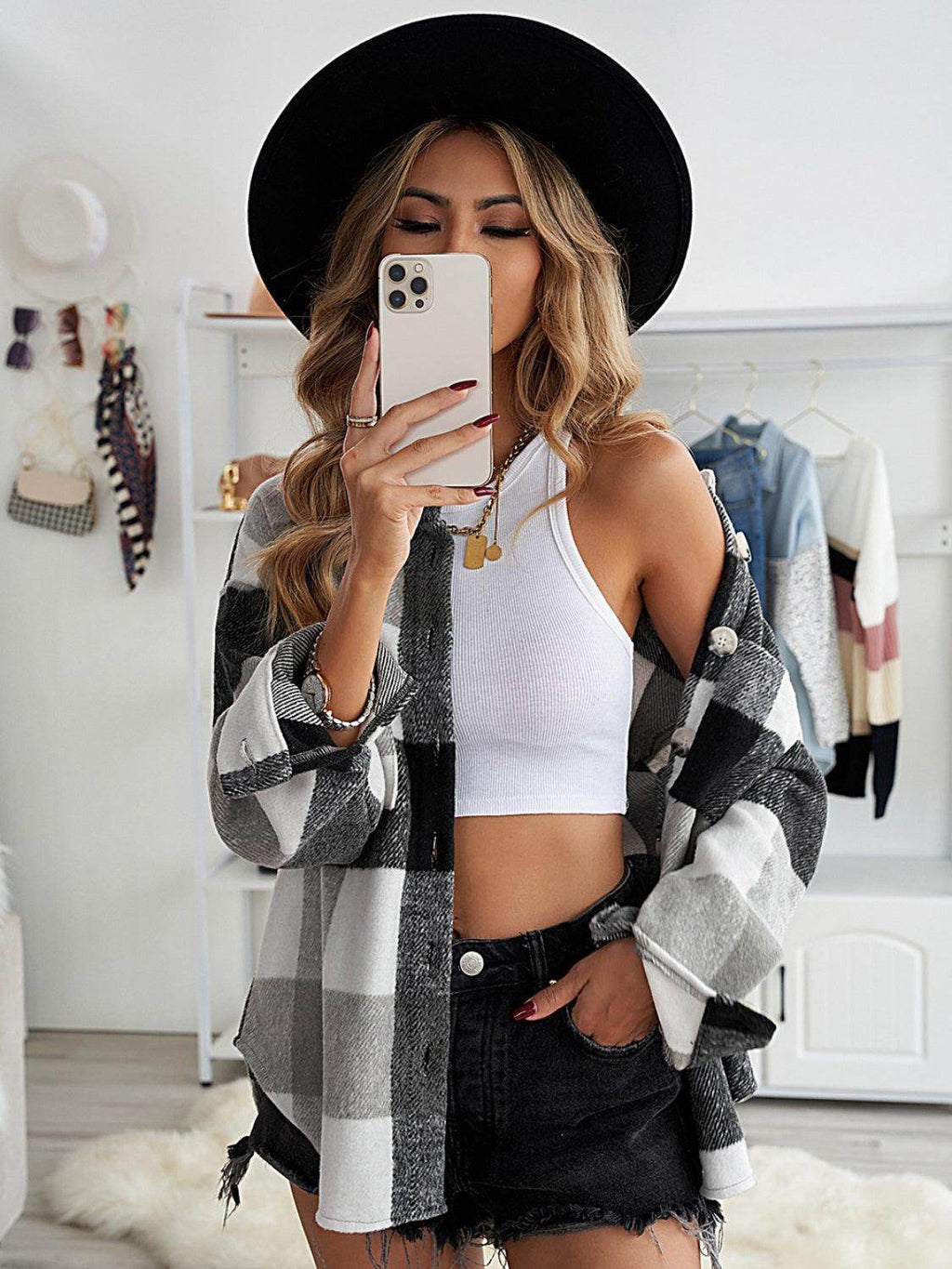 Plaid Button Up Dropped Shoulder Jacket for Women Stylish by Selvanelle