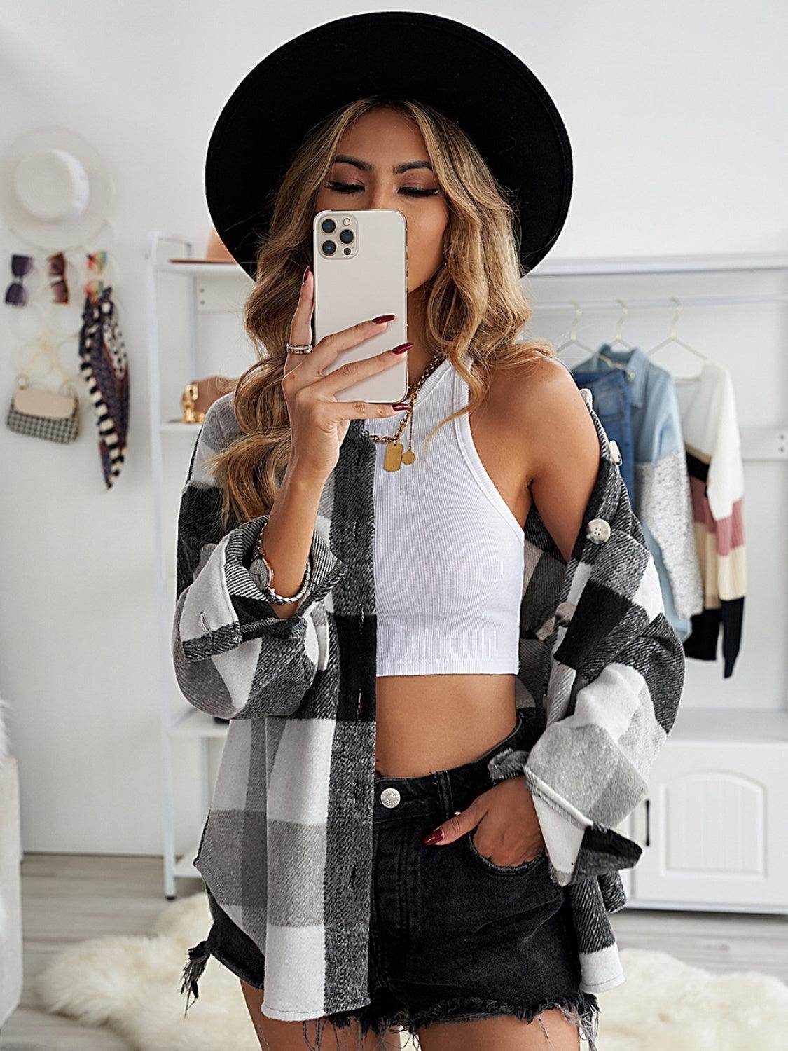 Plaid Button Up Dropped Shoulder Jacket for Women Stylish by Selvanelle
