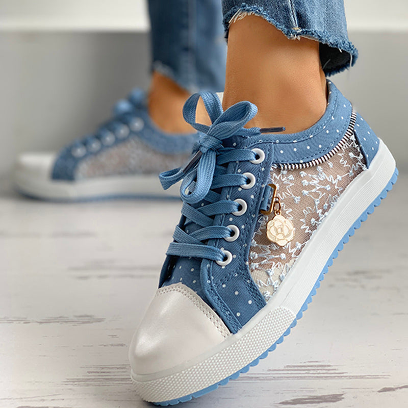 Floral Embroidered Polka Dot Print Sneakers — Women’s Casual Canvas Shoes by FitiqueFit