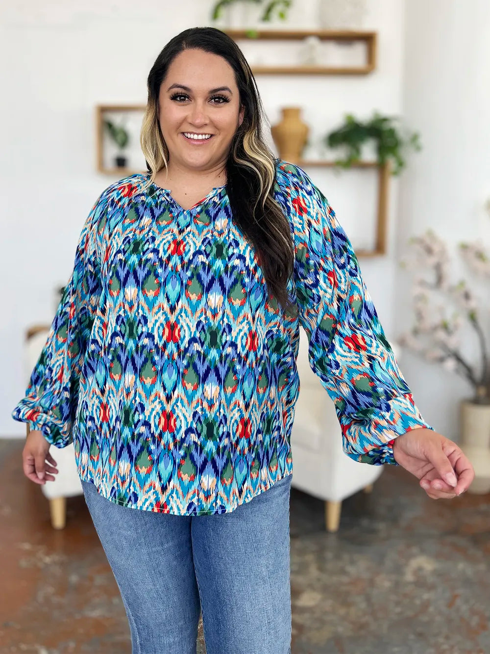 Double Take Full Size Printed Balloon Sleeve Blouse by Wild and Free Boutique