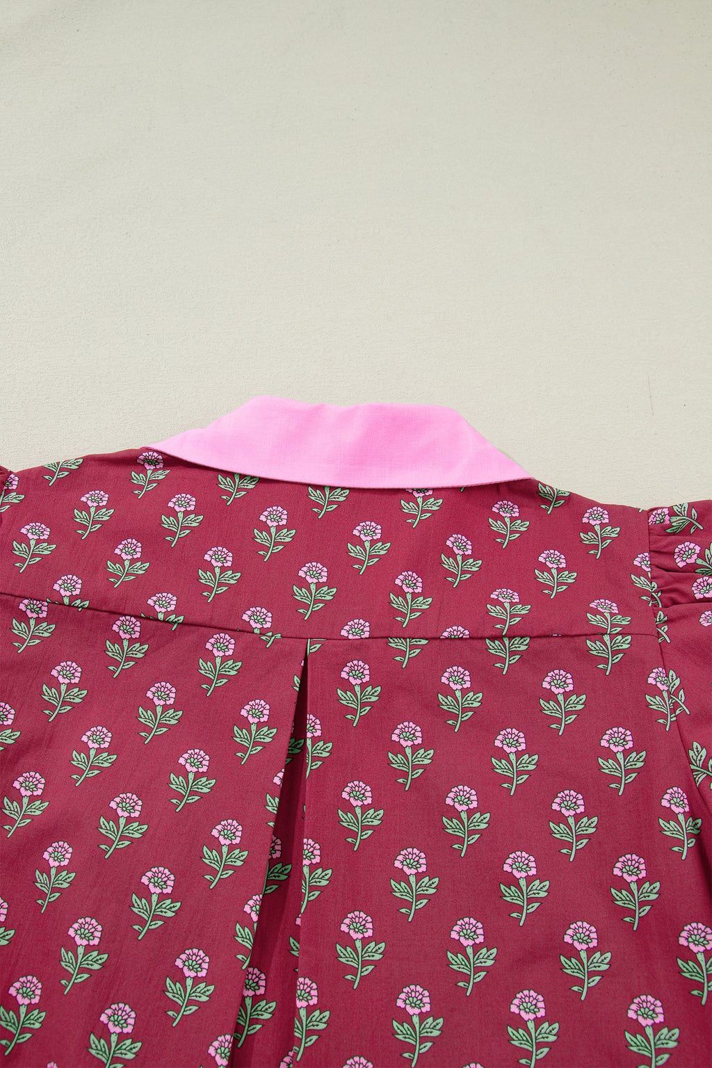 Red Contrast Collared V Neck Ricrac Trim Short Puff Sleeve Flower Blouse by Wild and Free Boutique
