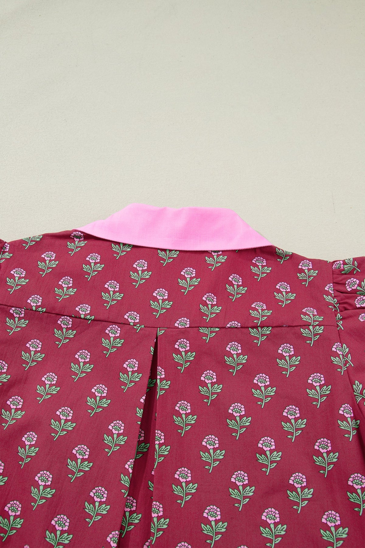 Red Contrast Collared V Neck Ricrac Trim Short Puff Sleeve Flower Blouse by Wild and Free Boutique
