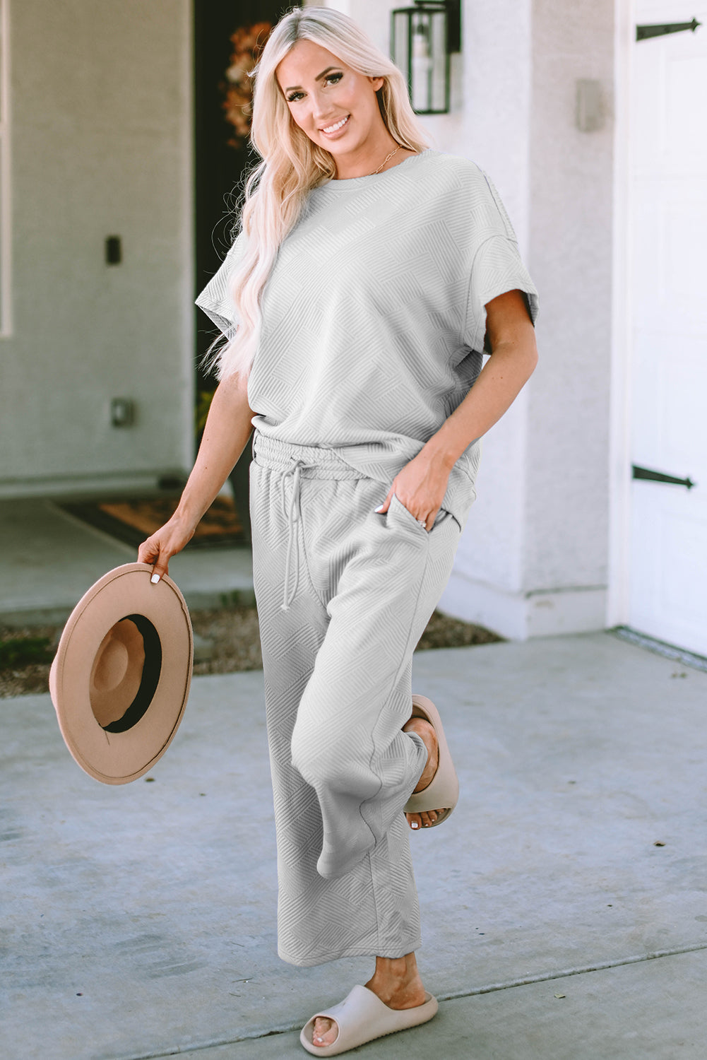 Gray Textured Loose Fit T Shirt and Drawstring Pants Set by Wild and Free Boutique