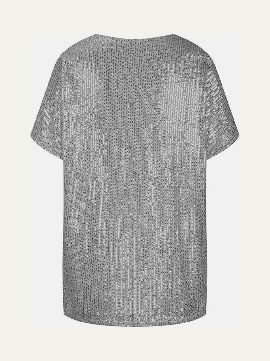 Full Size Sequin V-Neck Short Sleeve Top for Women by Selvanelle