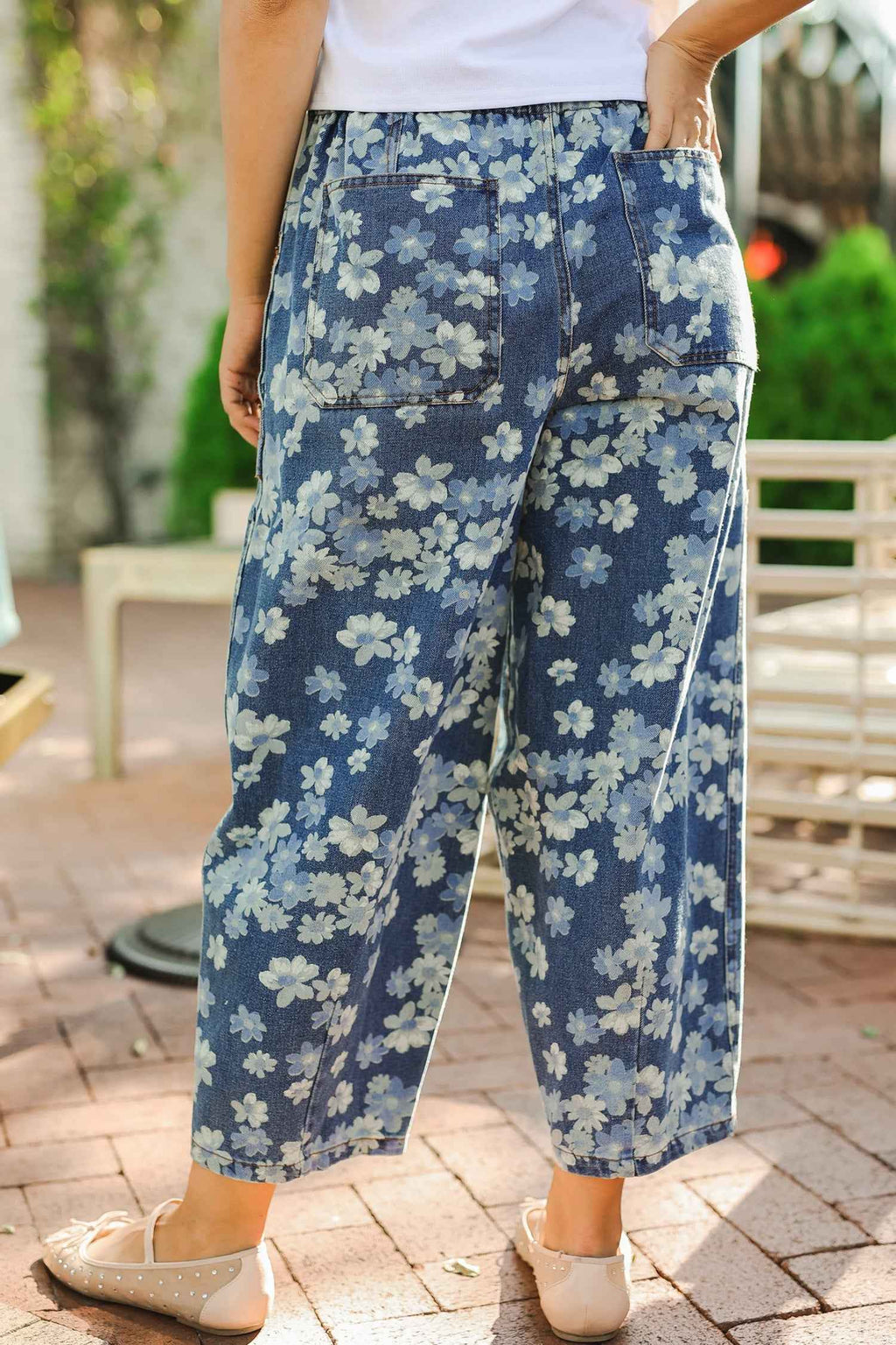 Sky Blue Dainty Floral Printed Drawstring Barrel Jeans by Wild and Free Boutique