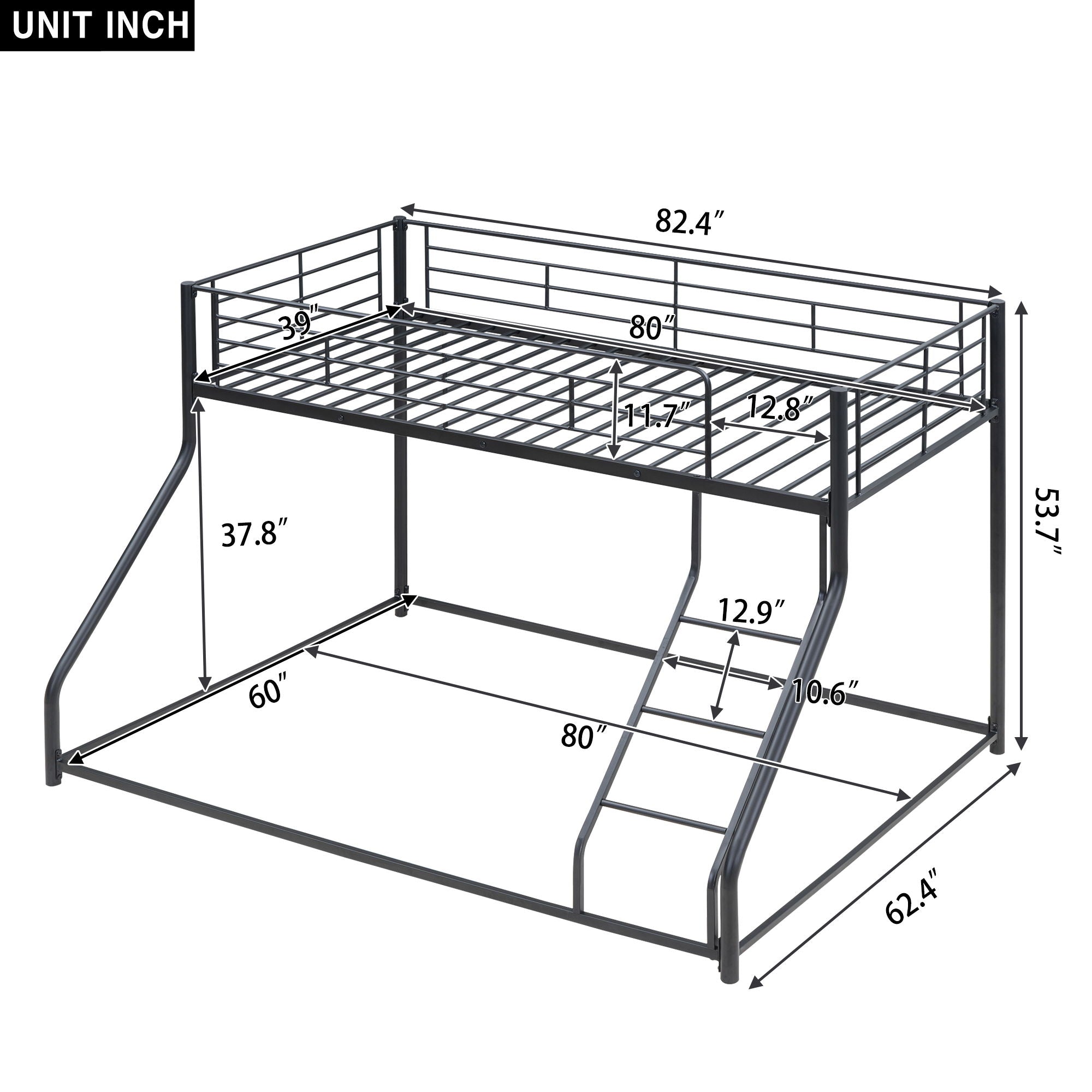 Metal Floor Bunk Bed With Sloped Ladder, Space Saving Design by Unique Piece Furniture
