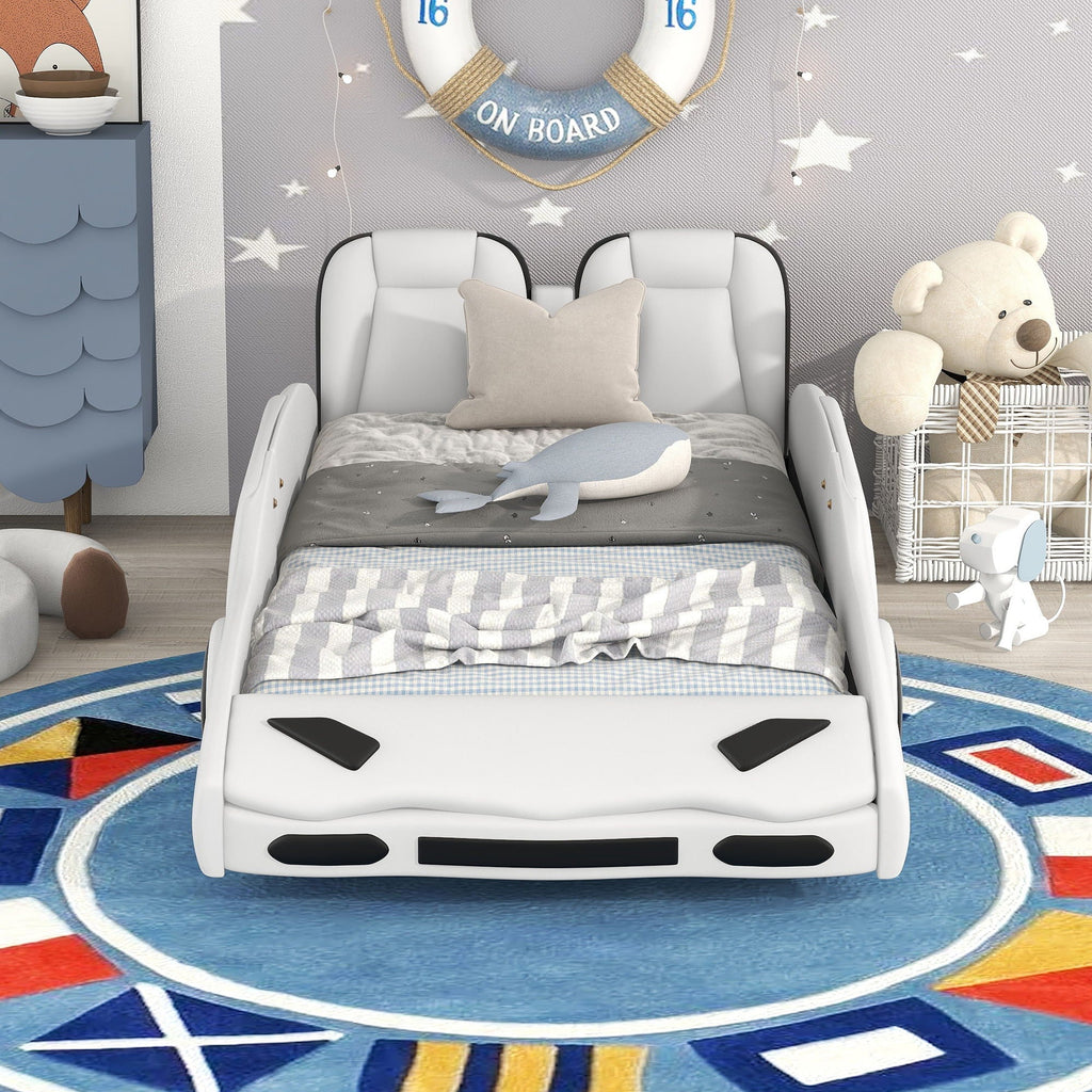 Race Car Shaped Twin Platform Bed With Wheels, Pine Wood Construction by Unique Piece Furniture