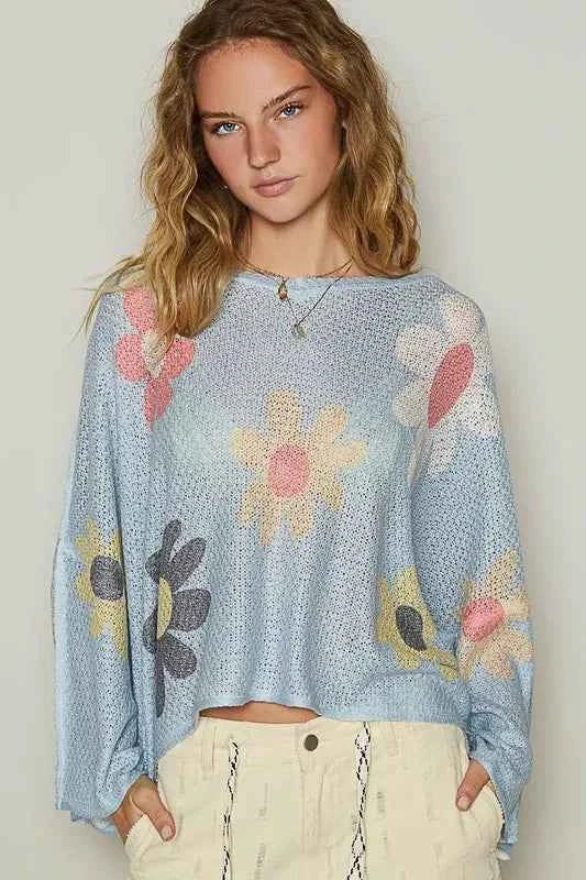 POL Flower Dropped Shoulder Long Sleeve Knit Top by Wild and Free Boutique