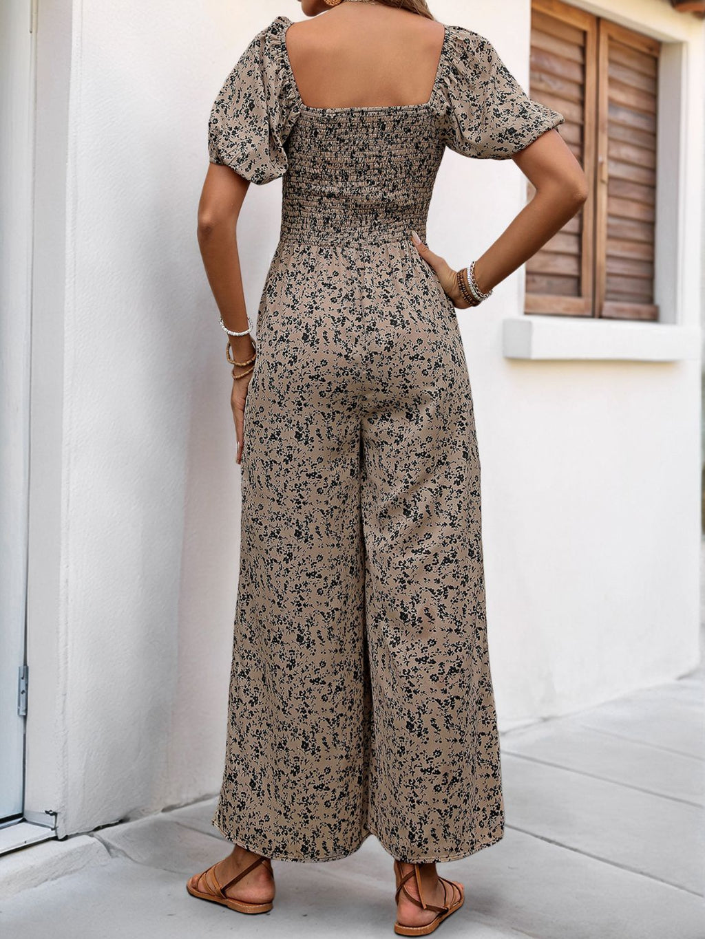 Perfee Smocked Printed Square Neck Puff Sleeve Jumpsuit by Wild and Free Boutique