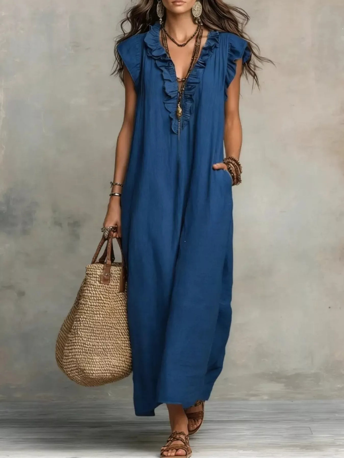 Full Size Ruffled V-Neck Cap Sleeve Maxi Dress Plus Size by Shopiebay