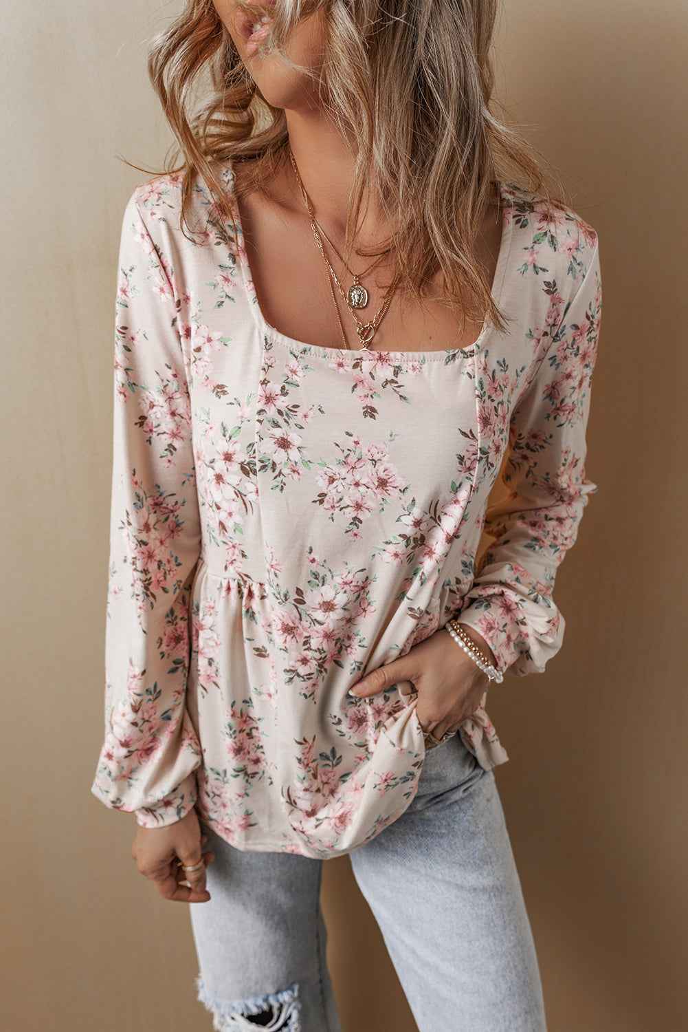 Pink Floral Print Pleated U Neck Loose Fit Blouse by Wild and Free Boutique