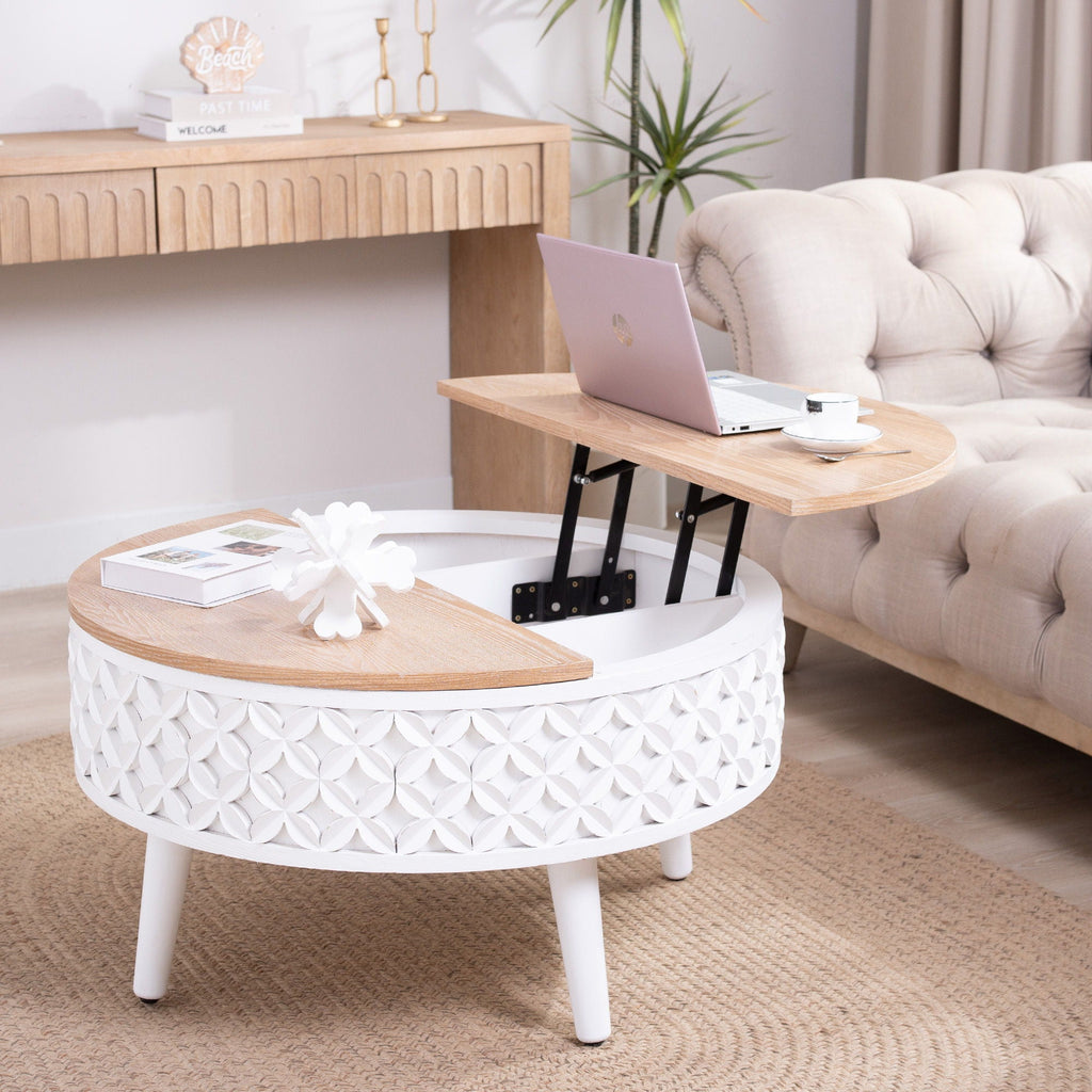 Round Coffee Table With Storage - White / Light Oak by Unique Piece Furniture