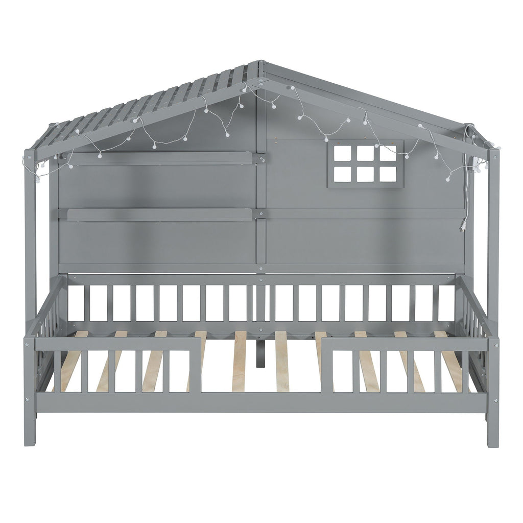 House Bed With Shelves, Window And Sparkling Light Strip On The Roof by Unique Piece Furniture