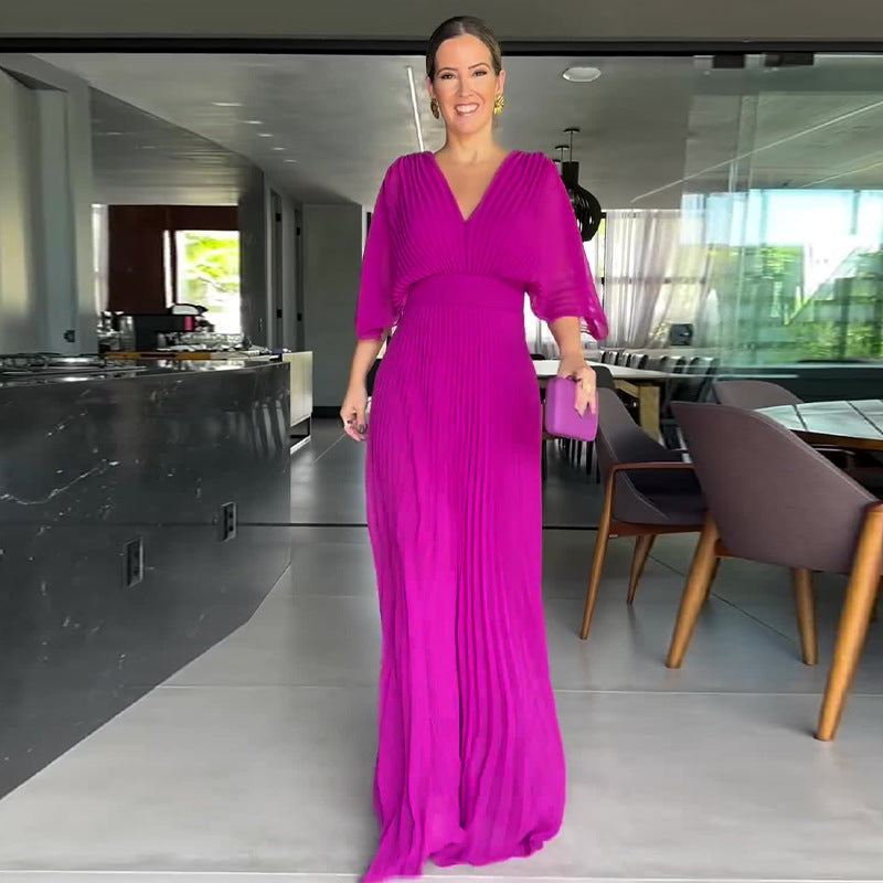 Women's Solid Color And V-neck Bat Sleeve High Waist Dress See size chart under “more details” by The Fashion Celestial